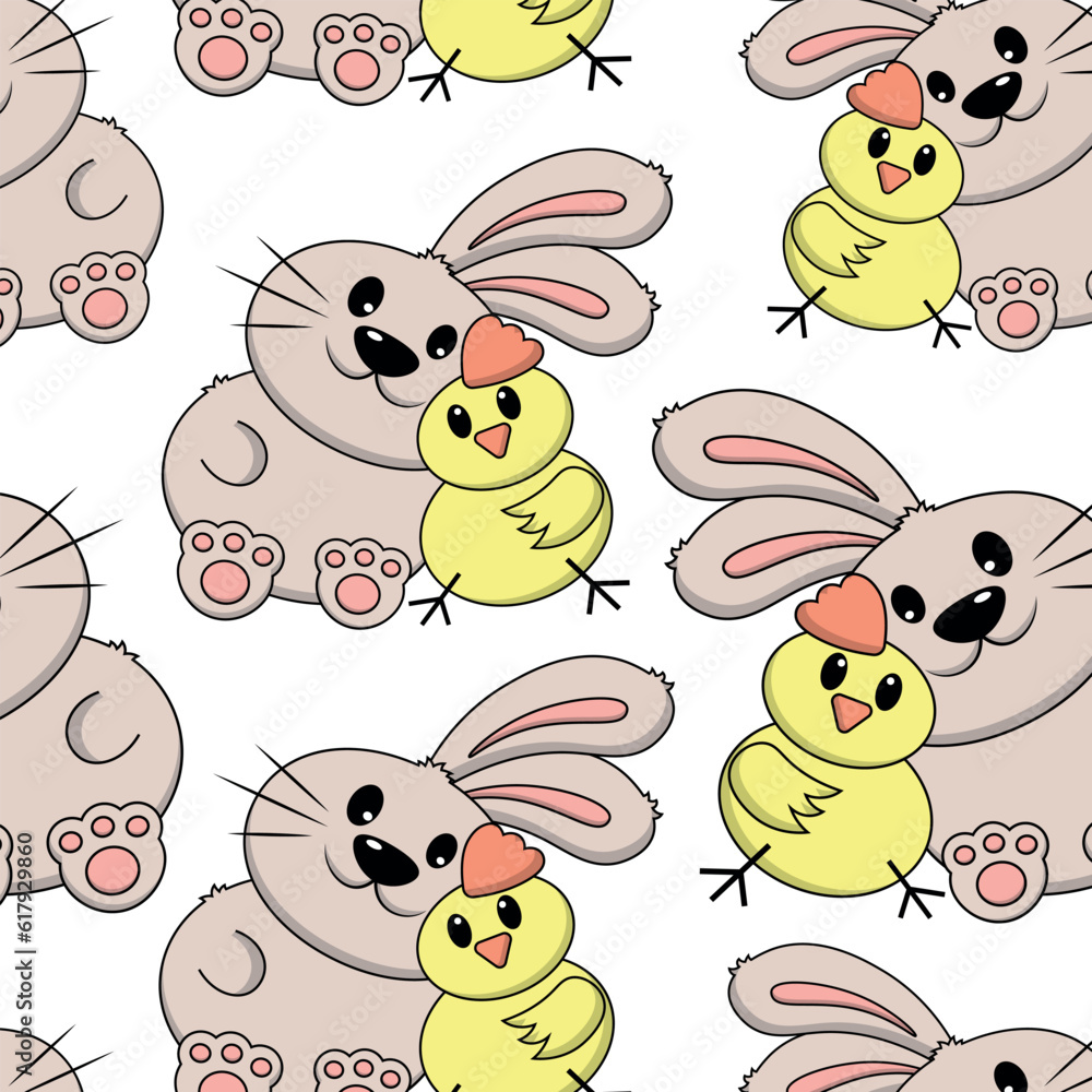 Seamless pattern with cute cartoon rabbit and chick on white background