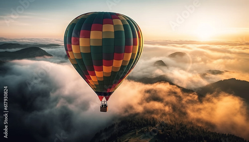 Adventure seekers fly high in hot air balloon over mountain range generated by AI