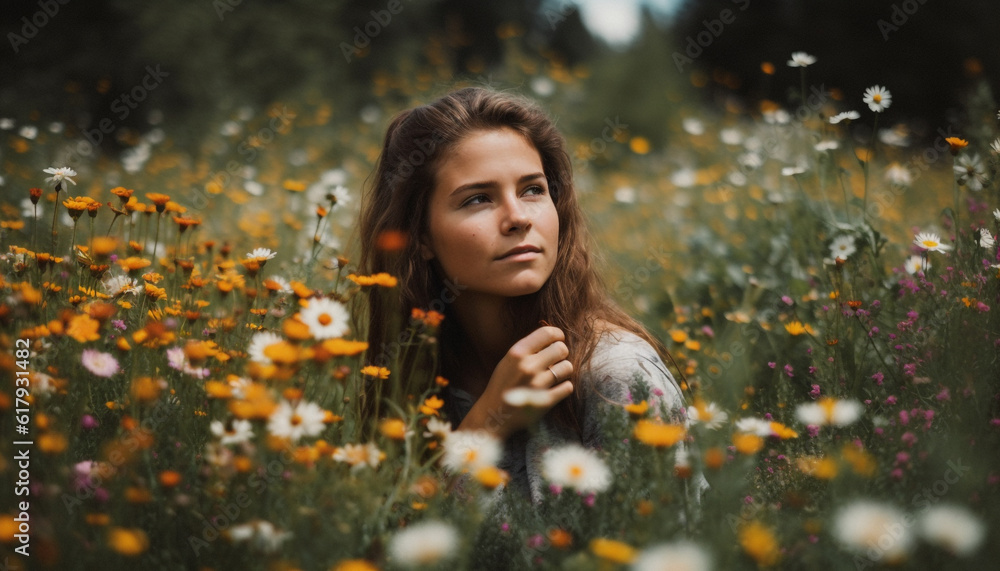 Young woman enjoying nature beauty, smiling in a meadow generated by AI Young woman enjoying nature beauty, smiling in a meadow generated by AI