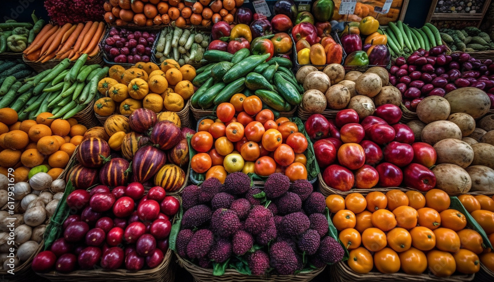 Large group of multi colored fruits and vegetables for healthy eating generated by AI Large group of multi colored fruits and vegetables for healthy eating generated by AI