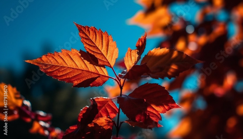 Vibrant autumn foliage in multi colored forest, close up of maple branch generated by AI