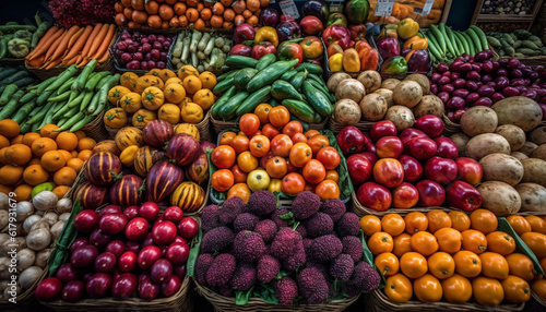 Large group of multi colored fruits and vegetables for healthy eating generated by AI
