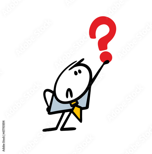 Alarmed businessman holds a question mark at arms length. Vector illustration for curious people.