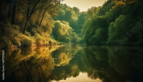 Tranquil scene of natural beauty forest  tree  reflection  water generated by AI