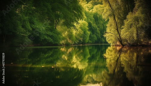 Tranquil scene of a multi colored forest reflected in a calm pond generated by AI