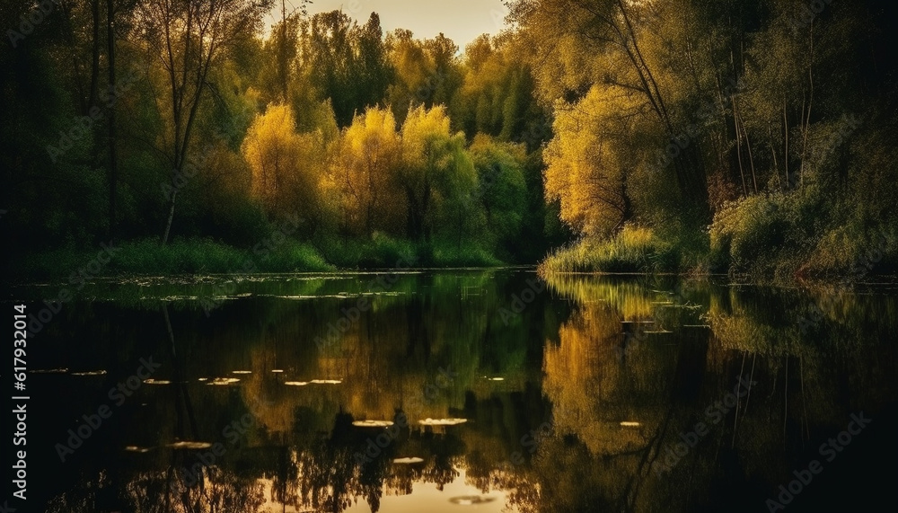 Fototapeta premium Tranquil scene of autumn forest reflected in tranquil pond water generated by AI