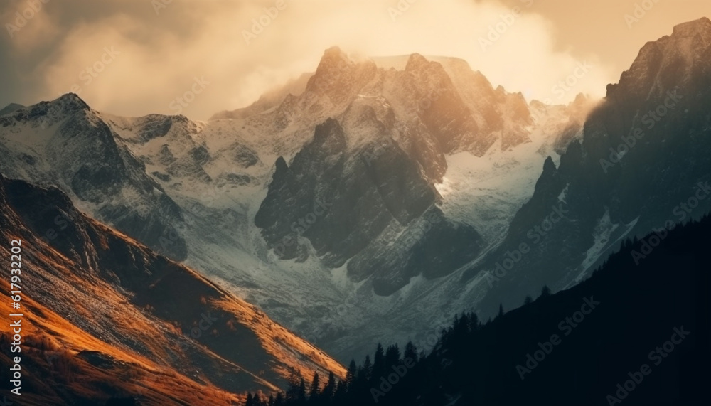Majestic mountain peak in panoramic landscape, surrounded by snow and forest generated by AI