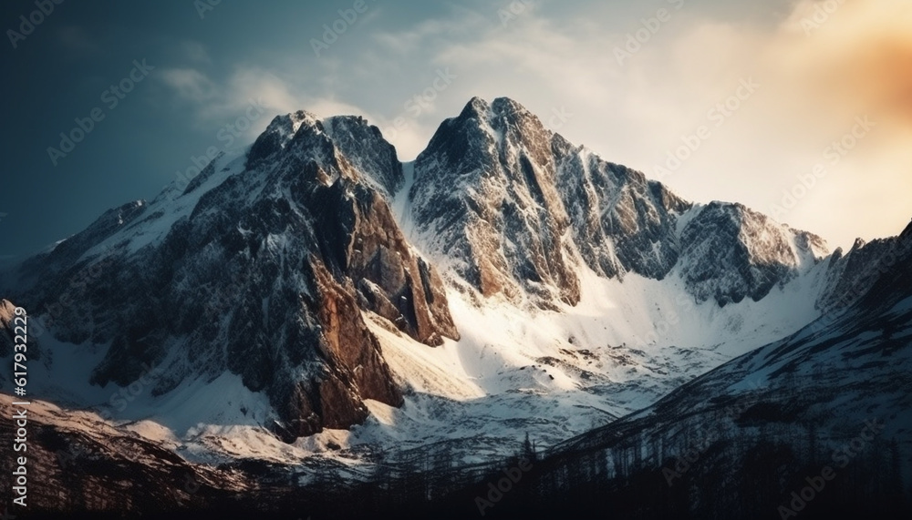 Tranquil scene of majestic mountain range in winter icy grip generated by AI