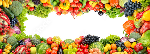 Fruits and vegetables frame on white background