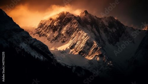 Majestic mountain range, tranquil scene, dramatic sky, no people present generated by AI