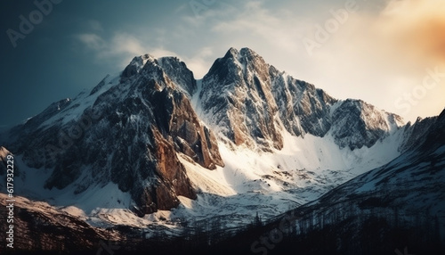 Tranquil scene of majestic mountain range in winter icy grip generated by AI © Jemastock