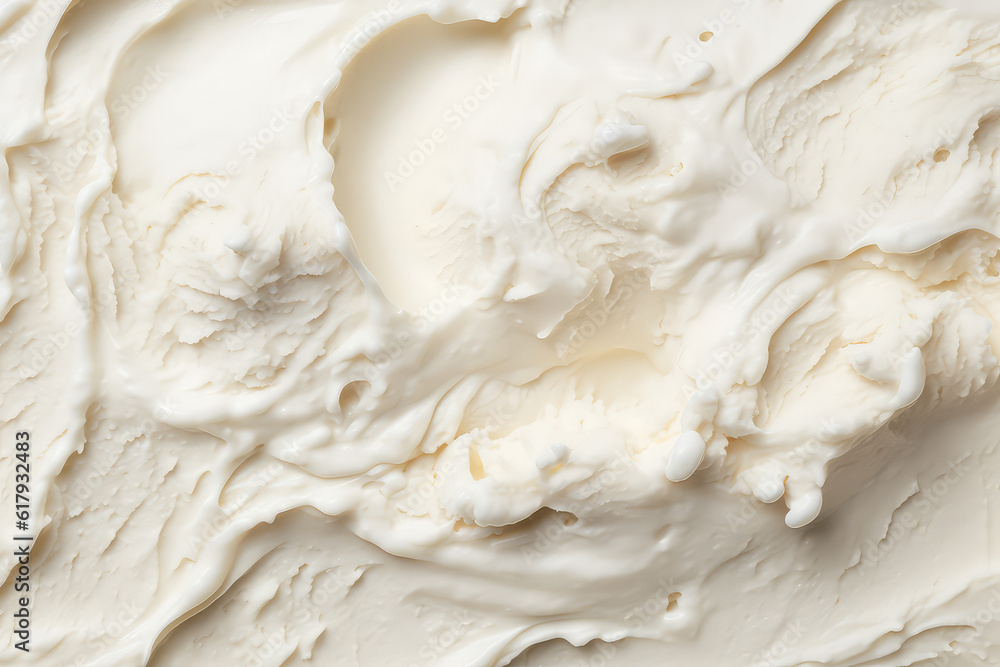 Texture of white ice cream background, closeup. Whipped mascarpone cream cheese top view. Overhead view of vanilla ice cream surface. Generative AI photo. Texture of white ice cream background, closeup. Whipped mascarpone cream cheese top view. Overhead view of vanilla ice cream surface. Generative AI photo.