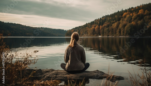 One woman meditating in lotus position by tranquil water generated by AI