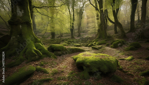 Tranquil forest footpath leads to ancient tree in mysterious wilderness generated by AI