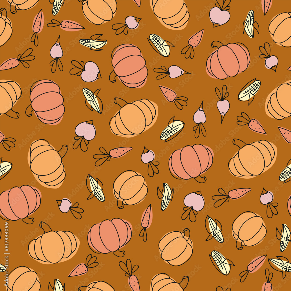 Seamless pattern of pumpkin and other vegetables. Pumpkin, carrot, radish, beet. Vegetable print. A pattern of simple elements. Vector illustration.