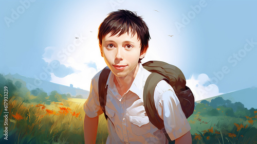 Criança felize em idade escolar com mochilas voltam para a escola photo