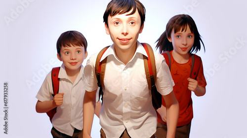Crianças felizes em idade escolar com mochilas voltam para a escola photo