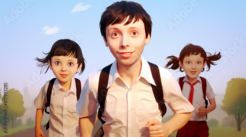 Crianças felizes em idade escolar com mochilas voltam para a escola photo