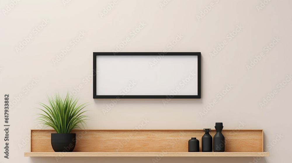 Prateleira de TV de madeira moderna com itens e moldura preta vazia simulada no fundo da parede clara. Design de interiores e sala de estar com lugar para o conceito de propaganda. Renderização em 3D - obrazy, fototapety, plakaty 