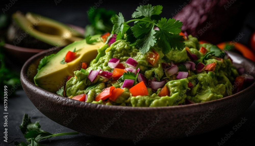 Fresh salad bowl with organic vegetables, avocado, and cilantro garnish generated by AI