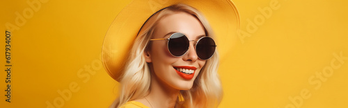 Young beautiful smiling blond foman posing near yellow wall in studio. Cheerful model having fun indoors, generative AI tools