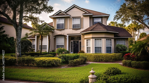 A beautiful american style luxury house with garden.Nobody.Created with generative ai