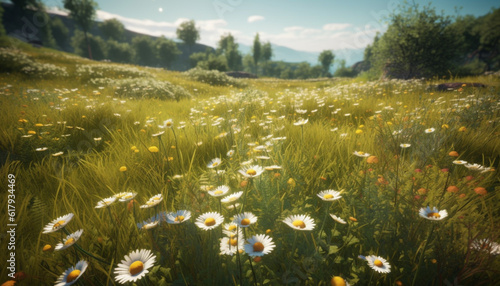 Fresh wildflowers bloom in the tranquil meadow under blue skies generated by AI