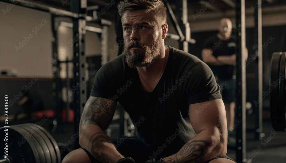 Muscular Caucasian male exercising with weights in gym for bodybuilding generated by AI Muscular Caucasian male exercising with weights in gym for bodybuilding generated by AI