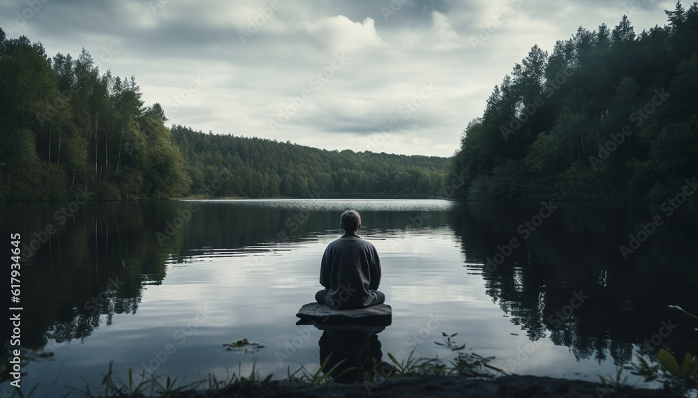 One person meditates in lotus position by tranquil pond generated by AI One person meditates in lotus position by tranquil pond generated by AI