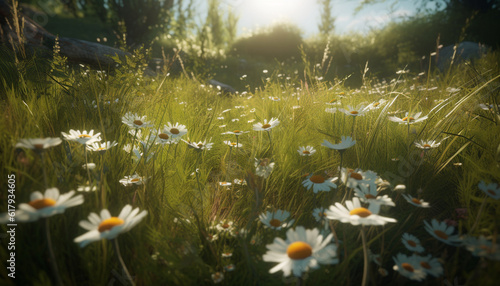 Vibrant chamomile meadow blossoms in tranquil rural sunset landscape generated by AI