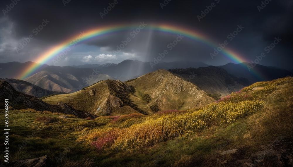 Tranquil scene of majestic mountain range, rainbow colors in nature generated by AI