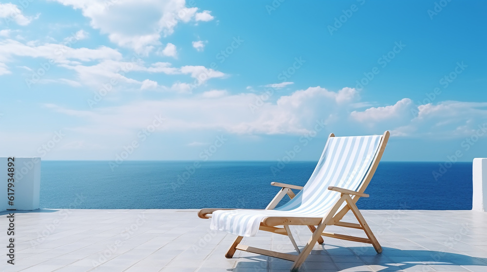 Espreguiçadeira branca no terraço com vista para o mar deslumbrante. Hotel mediterrâneo sob o céu azul em dia ensolarado, conceito de férias de verão