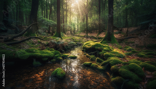 Tranquil scene of a wet forest with flowing water and pine trees generated by AI