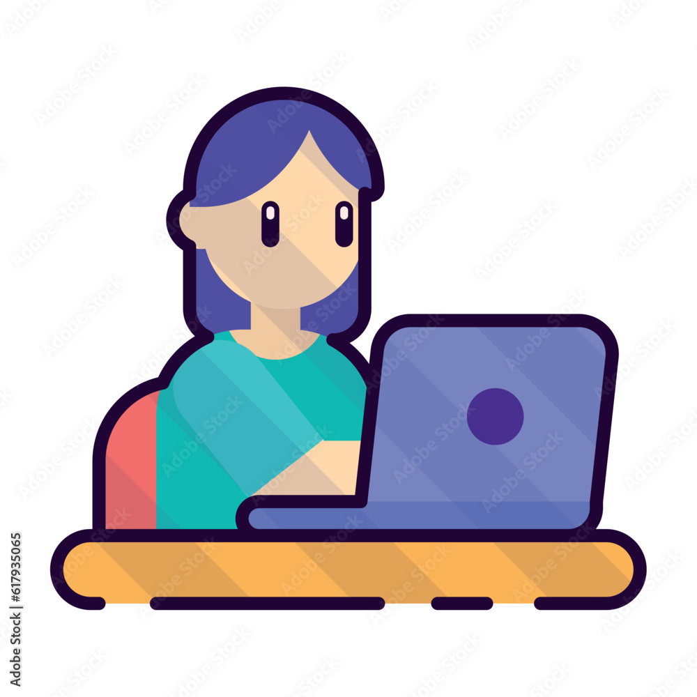 Isolated girl working on a laptop sketch icon Vector illustration