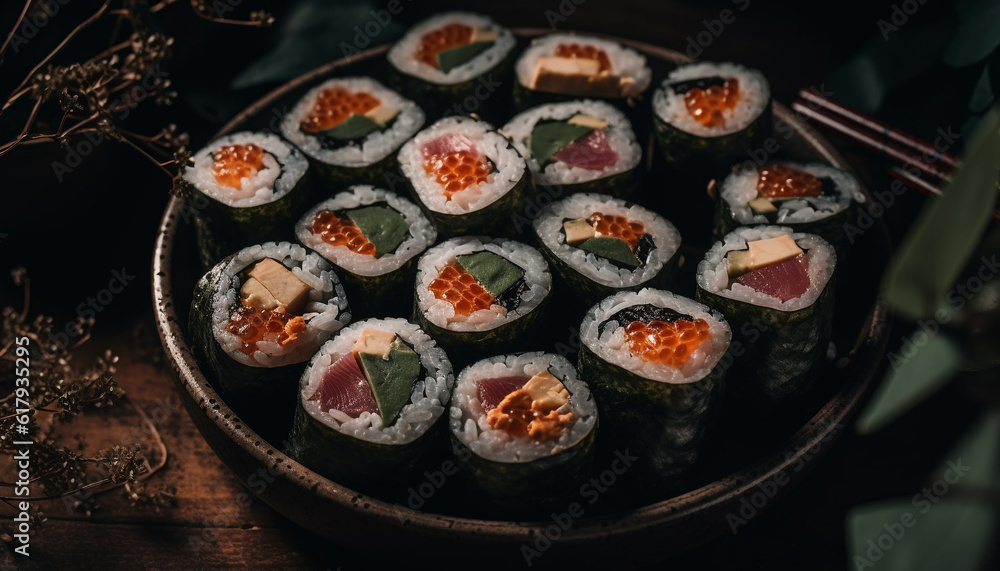 Fresh seafood plate with maki sushi, sashimi, and nigiri Healthy eating generated by AI Fresh seafood plate with maki sushi, sashimi, and nigiri Healthy eating generated by AI