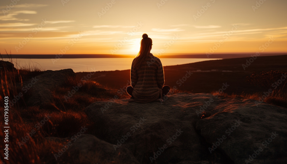 Two people meditating at dawn on a mountain peak generated by AI