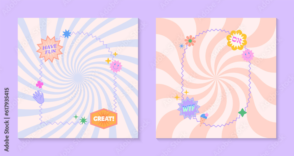 Fototapeta premium Vector templates with patches and stickers in 90s style.Modern emblems in y2k aesthetic with spiral background.Trendy funky designs for banners,social media marketing,branding,packaging,covers