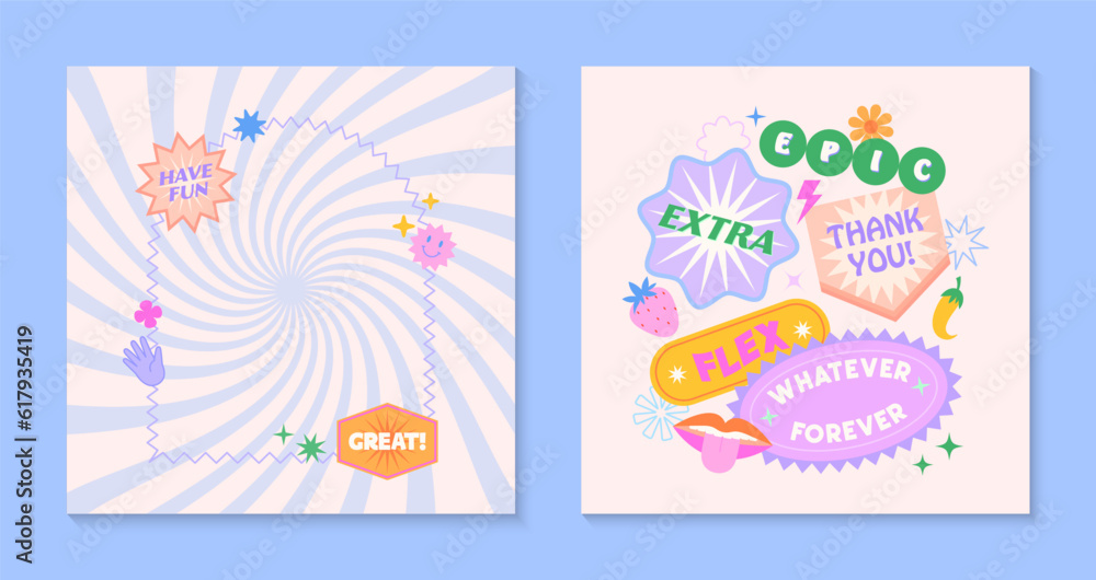 Vector templates with patches and stickers in 90s style.Modern emblems in y2k aesthetic with spiral background.Trendy funky designs for banners,social media marketing,branding,packaging,covers