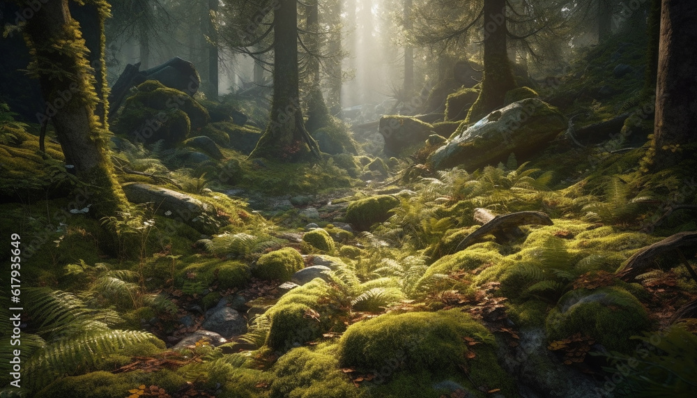 Mysterious forest landscape, wet with fog, tranquil beauty in nature generated by AI