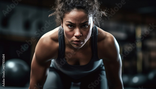 Young woman exercising indoors at the gym with determination and confidence generated by AI