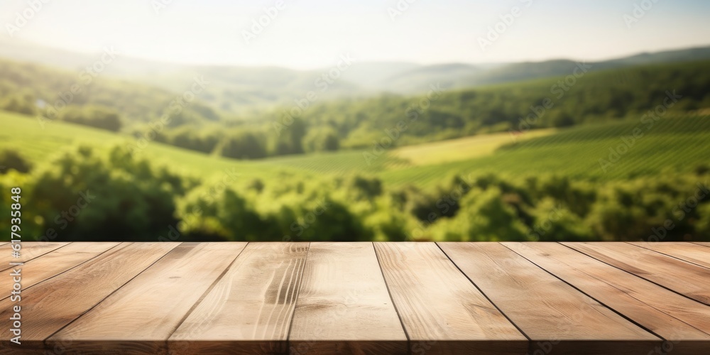An empty wooden tabletop set against a blurred vineyard landscape background, perfect for displaying or montaging your products. This composition embodies the concepts of agriculture, Generative Ai An empty wooden tabletop set against a blurred vineyard landscape background, perfect for displaying or montaging your products. This composition embodies the concepts of agriculture, Generative Ai