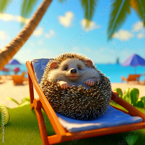 Cute hedgehog resting on the beach by the sea. AI generated