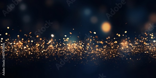 Holiday magic: Dark blue and gold particles create a mesmerizing abstract background with Christmas golden light bokeh on a navy blue backdrop. Gold foil texture adds a touch of elegance. GenerativeAI