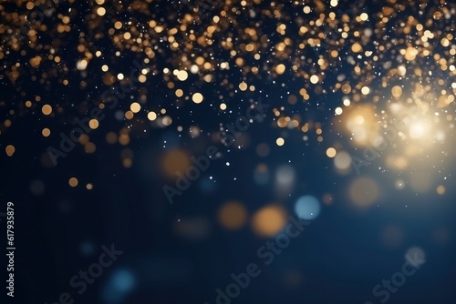 Holiday magic: Dark blue and gold particles create a mesmerizing abstract background with Christmas golden light bokeh on a navy blue backdrop. Gold foil texture adds a touch of elegance. GenerativeAI