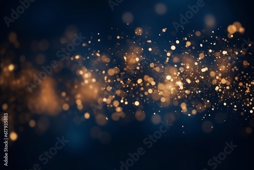 Holiday magic: Dark blue and gold particles create a mesmerizing abstract background with Christmas golden light bokeh on a navy blue backdrop. Gold foil texture adds a touch of elegance. GenerativeAI