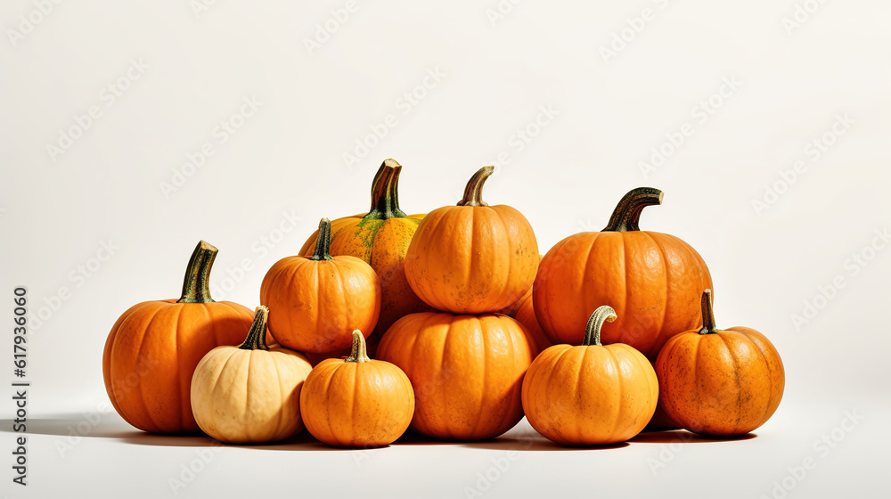 Pumpkins of different sizes, folded in a slide on a light background. Generative AI Pumpkins of different sizes, folded in a slide on a light background. Generative AI
