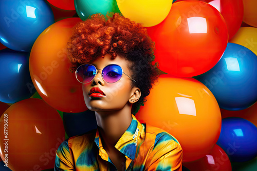 Bold and Colorful Portrait of Black Woman Rocking Memphis Style Sunglasses: A Fusion of Chic and Retro Flair