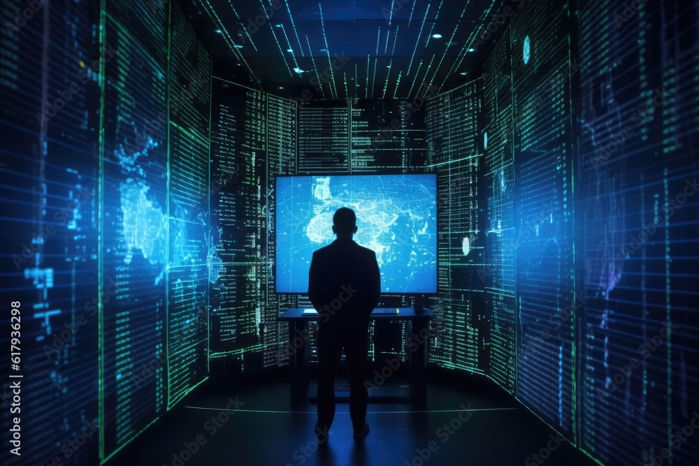 Hacker in a dark room illuminated by screens displaying complex code and digital security measures. Generative AI Hacker in a dark room illuminated by screens displaying complex code and digital security measures. Generative AI