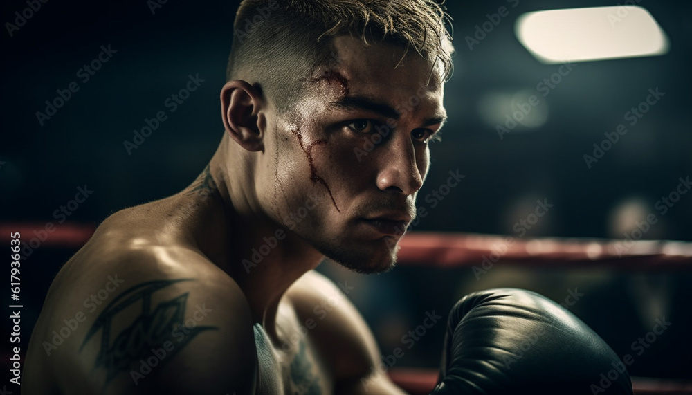 Muscular athlete, determined and confident, trains for competitive sport indoors generated by AI Muscular athlete, determined and confident, trains for competitive sport indoors generated by AI