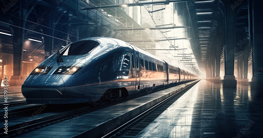 Fast high-speed bullet train at platform. AI-generated image